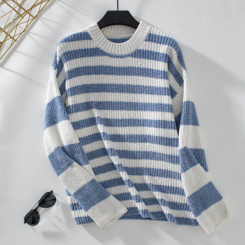 Striped knit sweater on hanger showing ribbed collar and cuffs