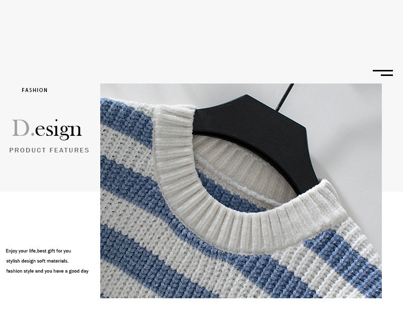 Close-up of blue and white striped sweater showing ribbed neckline