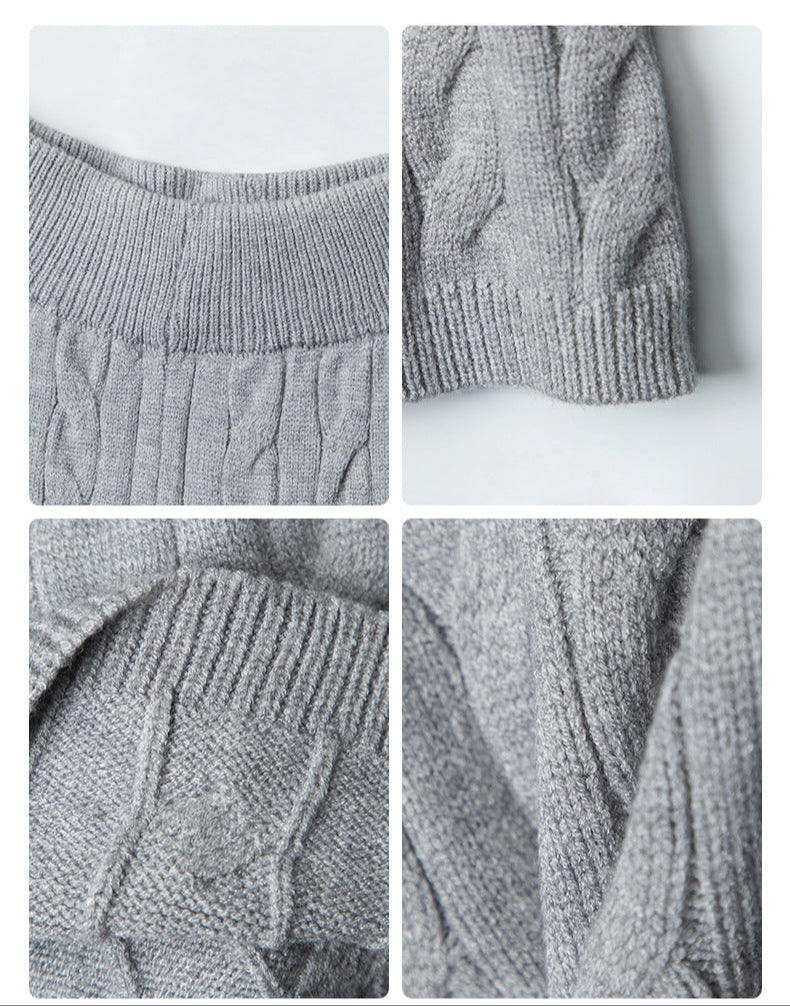 Detail shots of grey knit shorts showing waistband construction, cable pattern texture, and ribbed trim details.