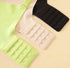 Light green, beige, and black bras with four-row hook closures for fit adjustment.