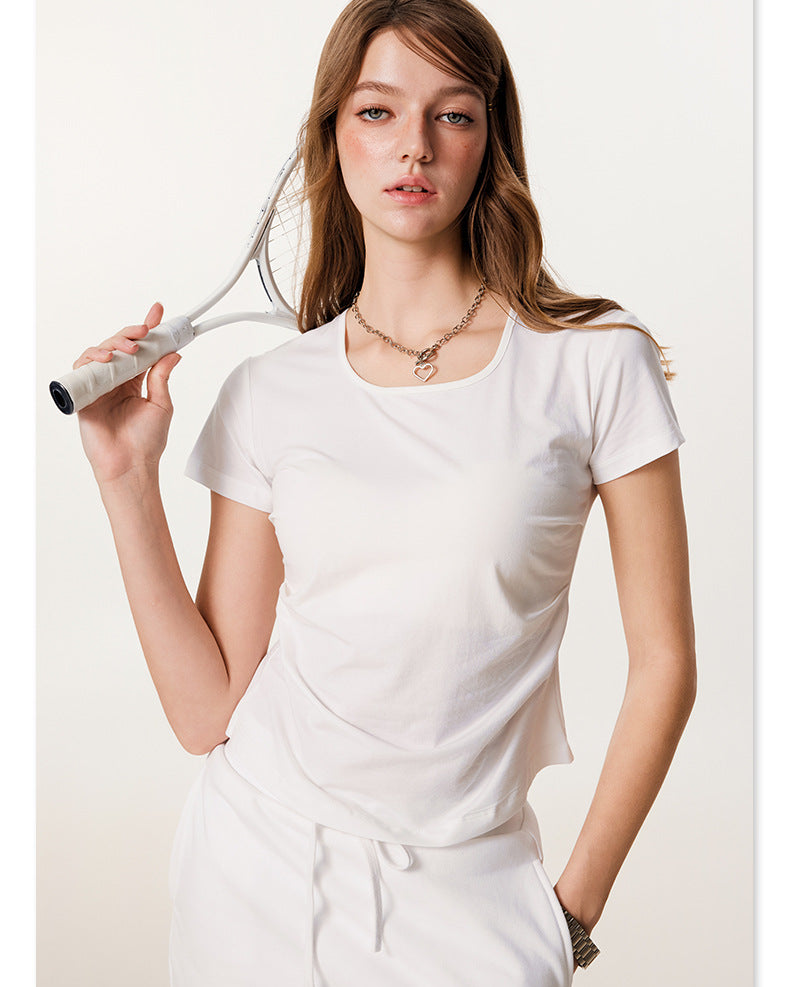 Close-up front view of white fitted t-shirt showing scoop neckline
