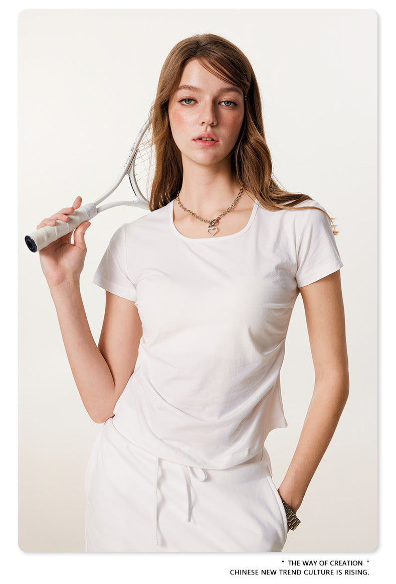 Close-up front view of white fitted t-shirt showing scoop neckline