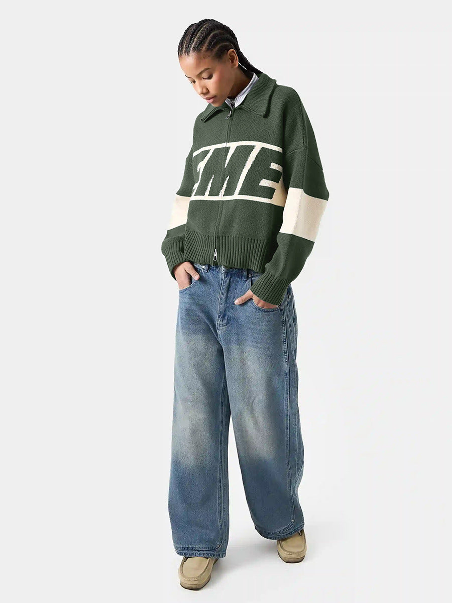 Retro Jacquard Letter Zip Up Sweater – Sporty Colorblock Knit Cardigan