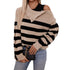 Off-shoulder striped knit sweater styled with light wash denim and gold accessories