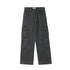 Charcoal gray cargo pants with curved panel design, side pockets and ITKN label, displayed flat against white background