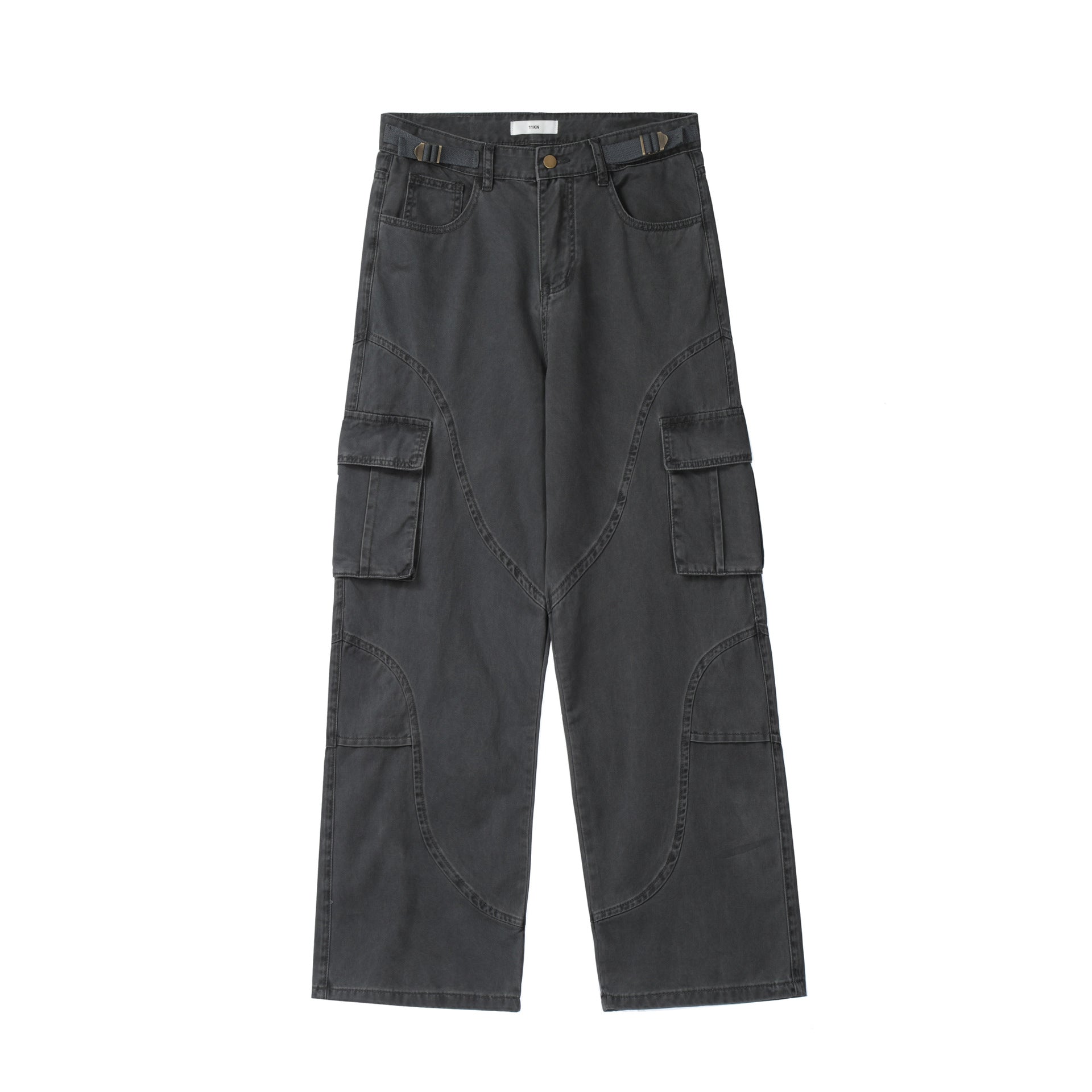 Charcoal gray cargo pants with curved panel design, side pockets and ITKN label, displayed flat against white background
