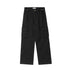 Front view of black wide-leg cargo pants with curved panels and utility pockets, flat lay on white background