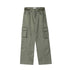Olive green cargo pants featuring curved panel design and side utility pockets, displayed flat on white surface