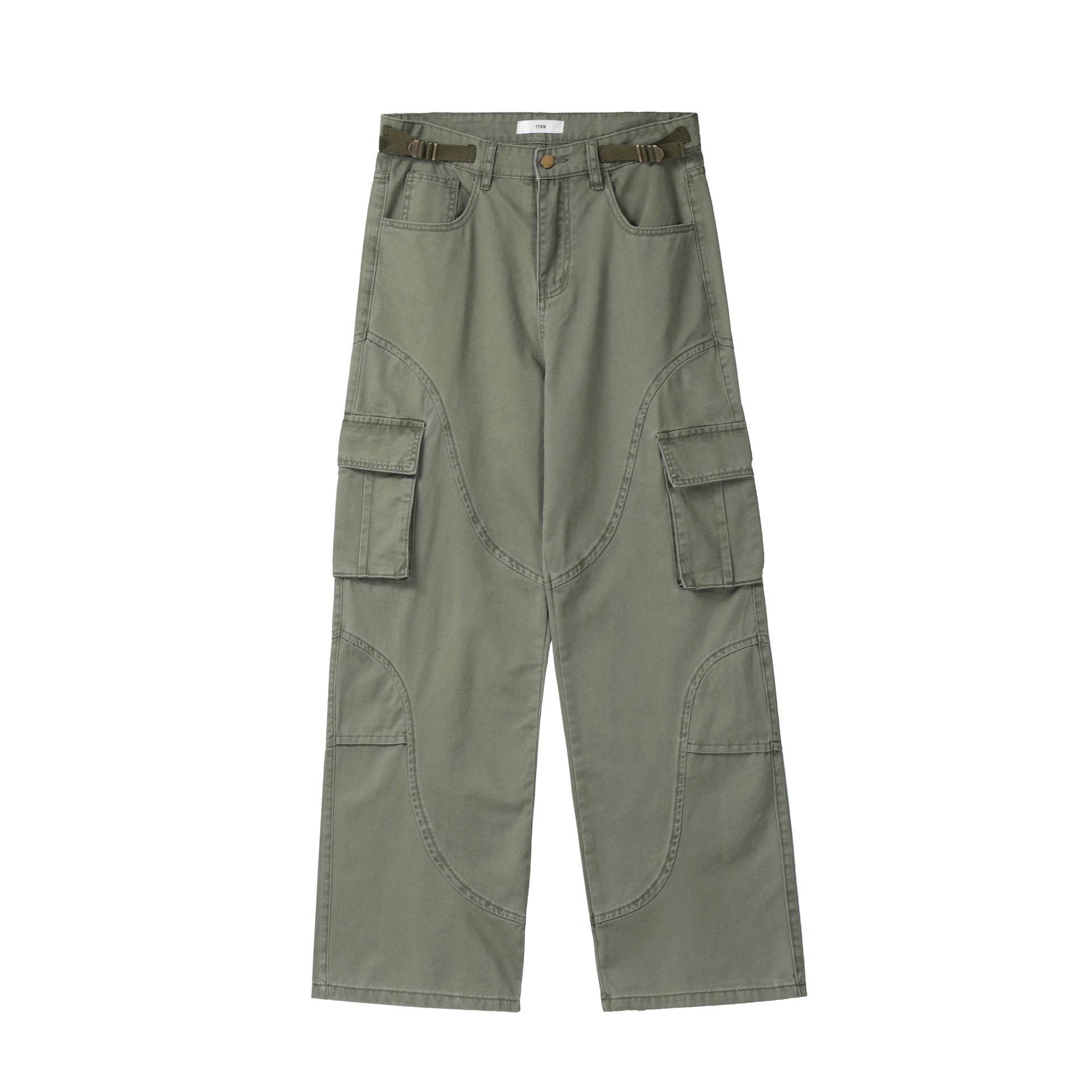 Olive green cargo pants featuring curved panel design and side utility pockets, displayed flat on white surface