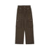 A pair of dark olive green cargo pants with multiple buttoned pockets, displayed flat against a white background