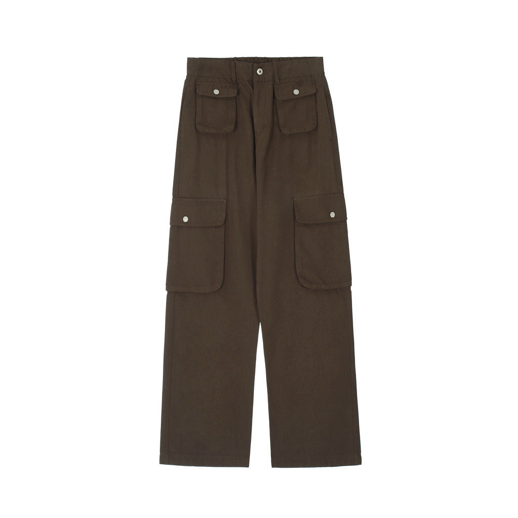 A pair of dark olive green cargo pants with multiple buttoned pockets, displayed flat against a white background