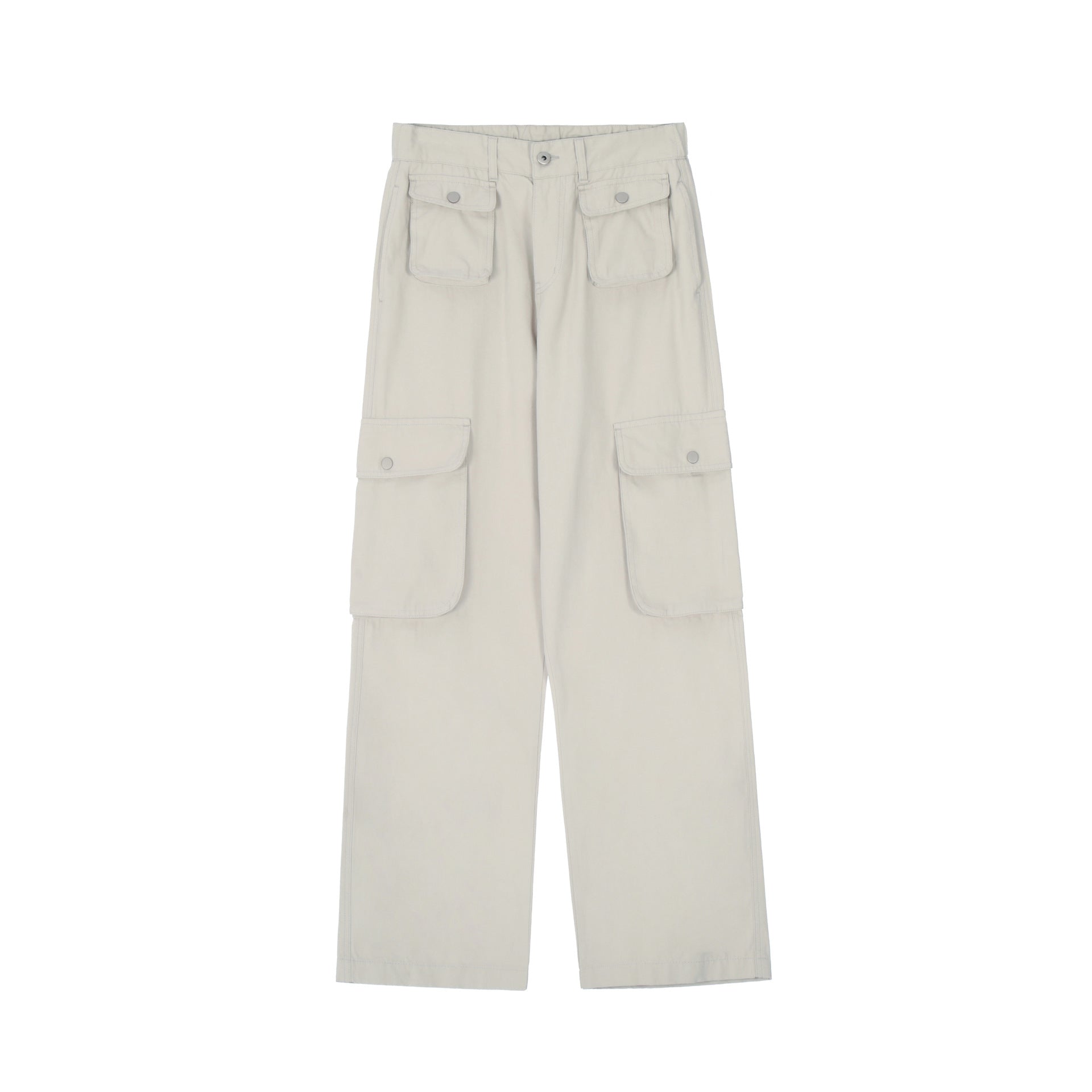 A pair of off-white cargo pants with buttoned flap pockets and a structured waistband, laid flat on a white surface