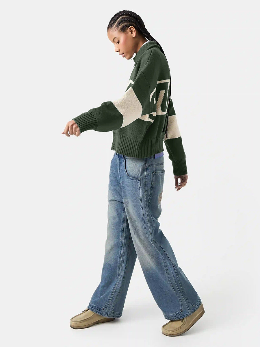 Retro Jacquard Letter Zip Up Sweater – Sporty Colorblock Knit Cardigan