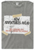 Detail of gray t-shirt with "New Adventures Ahead" motivational text graphic against washed fabric