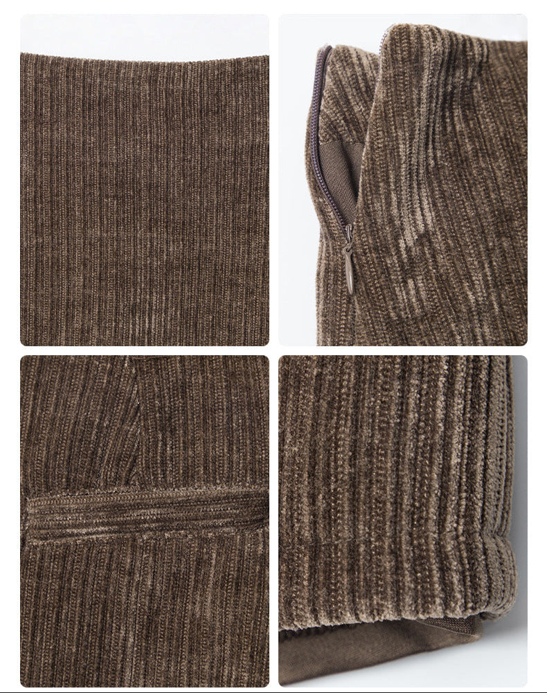 Close-up design details of skirt showing ribbed fabric, zipper, stitching, and hem.