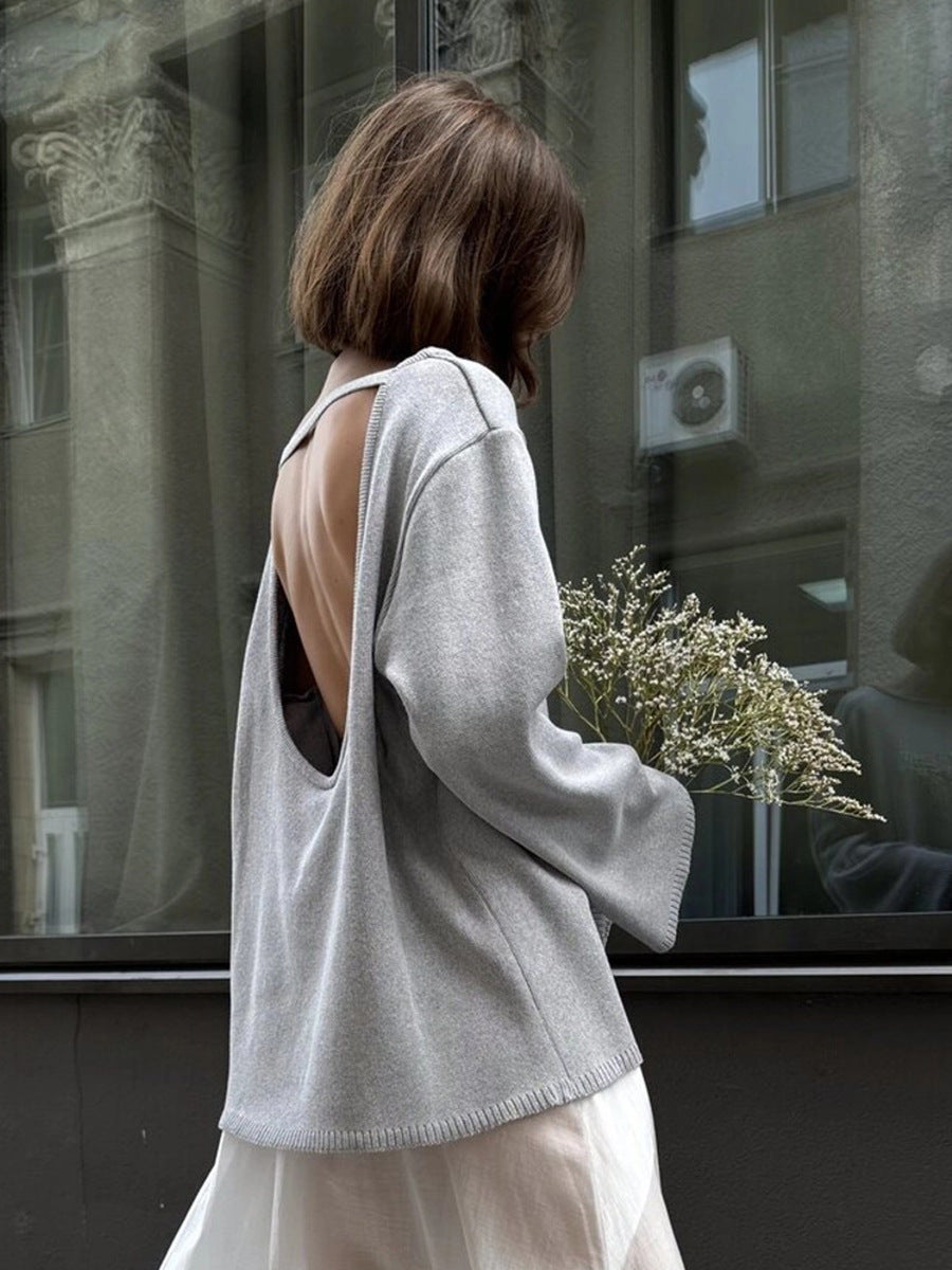 Women’s Knit Sweater -  Backless Open Back Long Sleeve Top