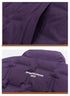 Purple down vest seam details and Neightrainood 20XX white embroidery logo, showing quilted patterning and fabric texture