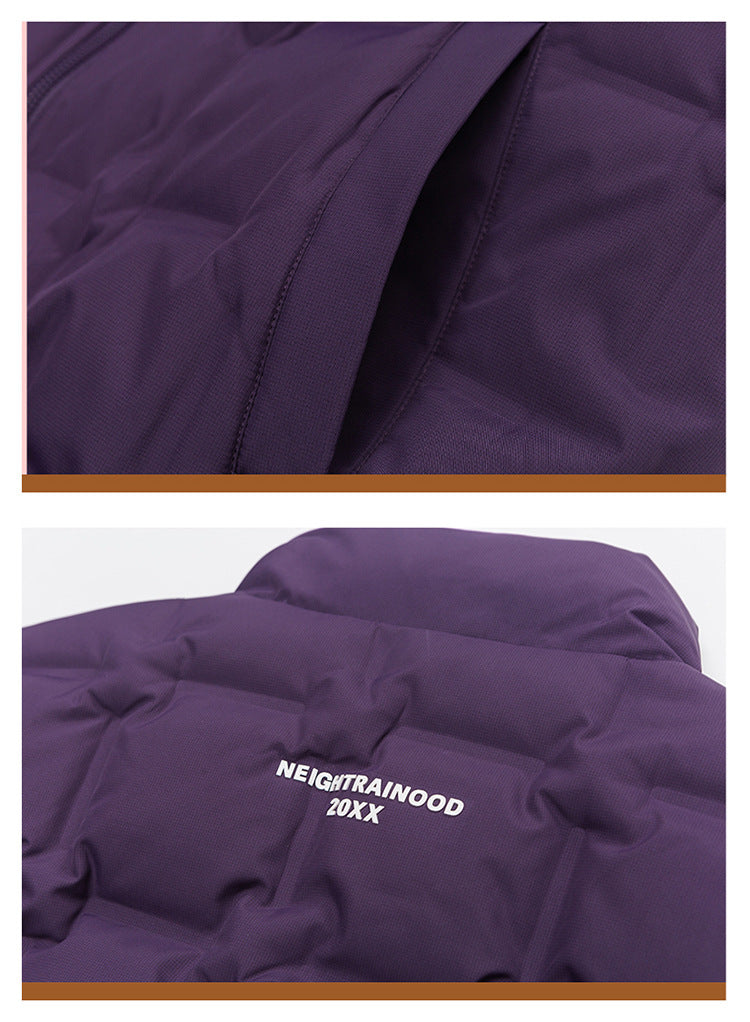 Purple down vest seam details and Neightrainood 20XX white embroidery logo, showing quilted patterning and fabric texture