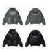 Product layout showing gray and black hoodies with metal-style graphic logos on front and back