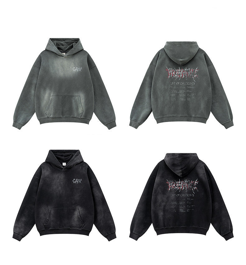 Product layout showing gray and black hoodies with metal-style graphic logos on front and back