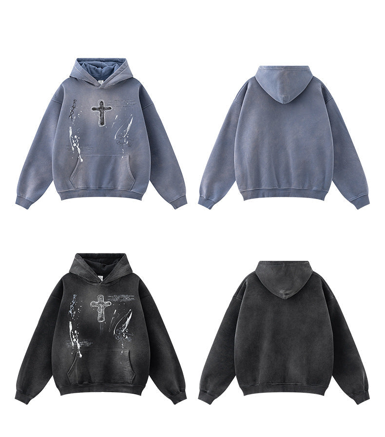 Product layout showing gray and black versions of cross graphic hoodie, front and back views
