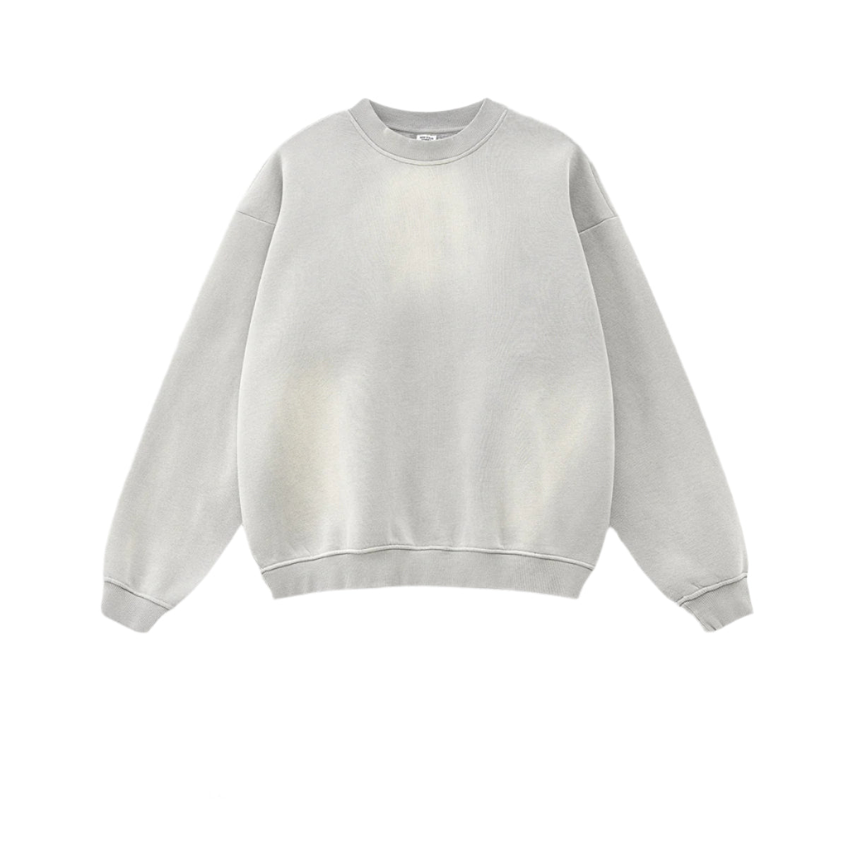 Light gray crewneck sweatshirt with subtle wash effect, ribbed collar and cuffs, oversized silhouette, minimalist design, white background