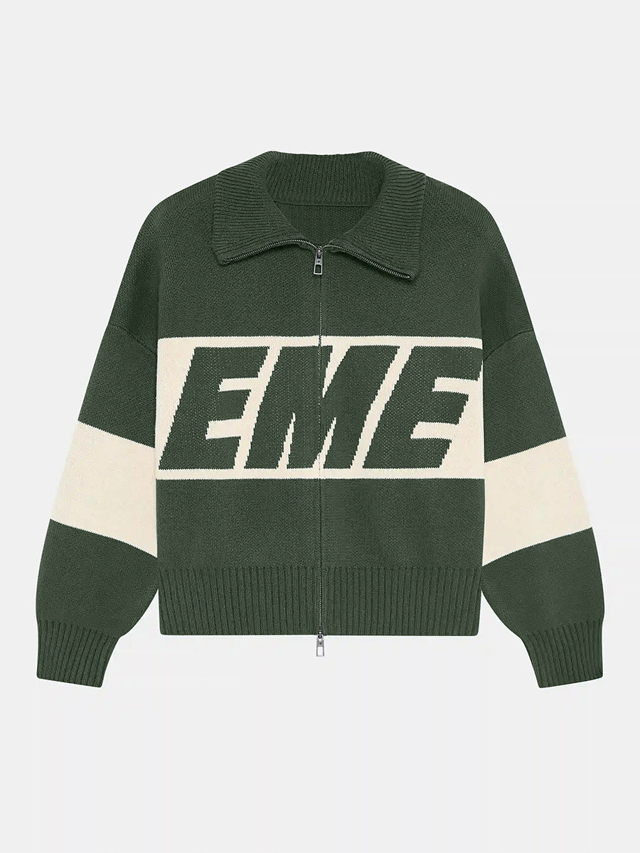 Retro Jacquard Letter Zip Up Sweater – Sporty Colorblock Knit Cardigan