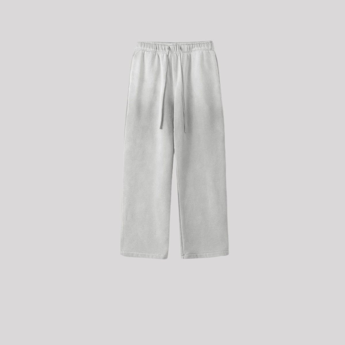 Light gray relaxed fit sweatpants with elastic waistband and drawstring displayed on neutral background