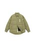Olive green ASTROSMASH quilted puffer jacket with shirt collar and chest pocket featuring white vertical logo text