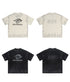Product lineup showing cream and black Backstairs t-shirts, front and back views with distressed logo print and paint-splatter effect