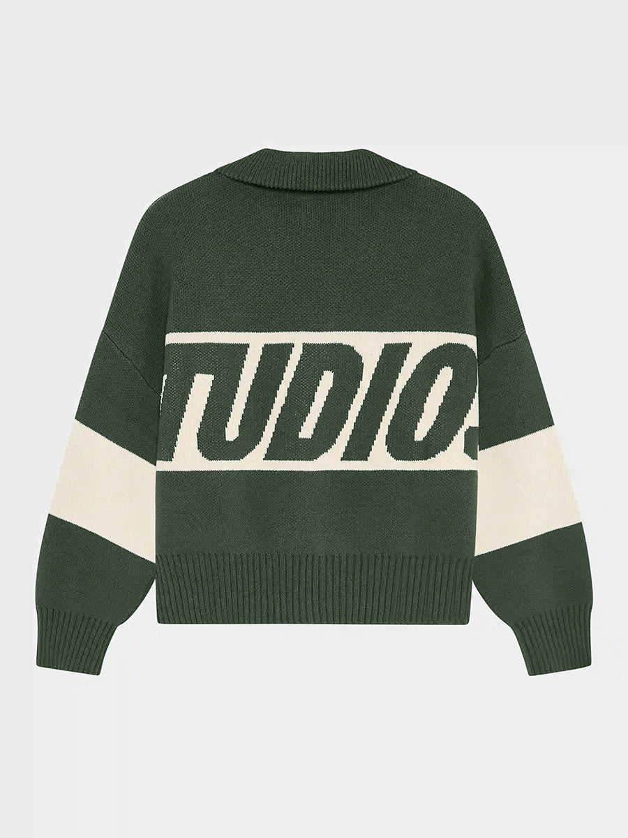 Retro Jacquard Letter Zip Up Sweater – Sporty Colorblock Knit Cardigan