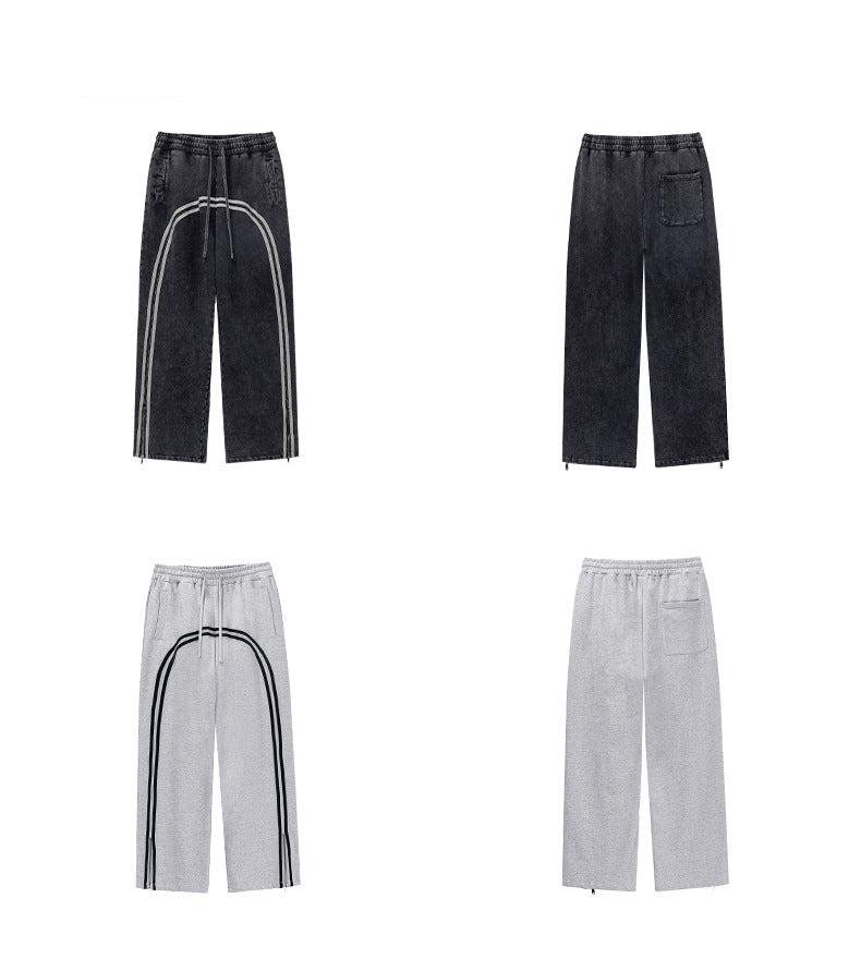 Product grid showing front and back views of track pants in black and gray colorways with side stripe details