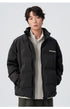 Male model demonstrating brown and black puffer jackets with various styling