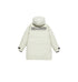 Product shot of cream-colored Be_Born Beacaac parka with hood up displaying back logo text against white background