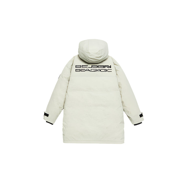 Product shot of cream-colored Be_Born Beacaac parka with hood up displaying back logo text against white background
