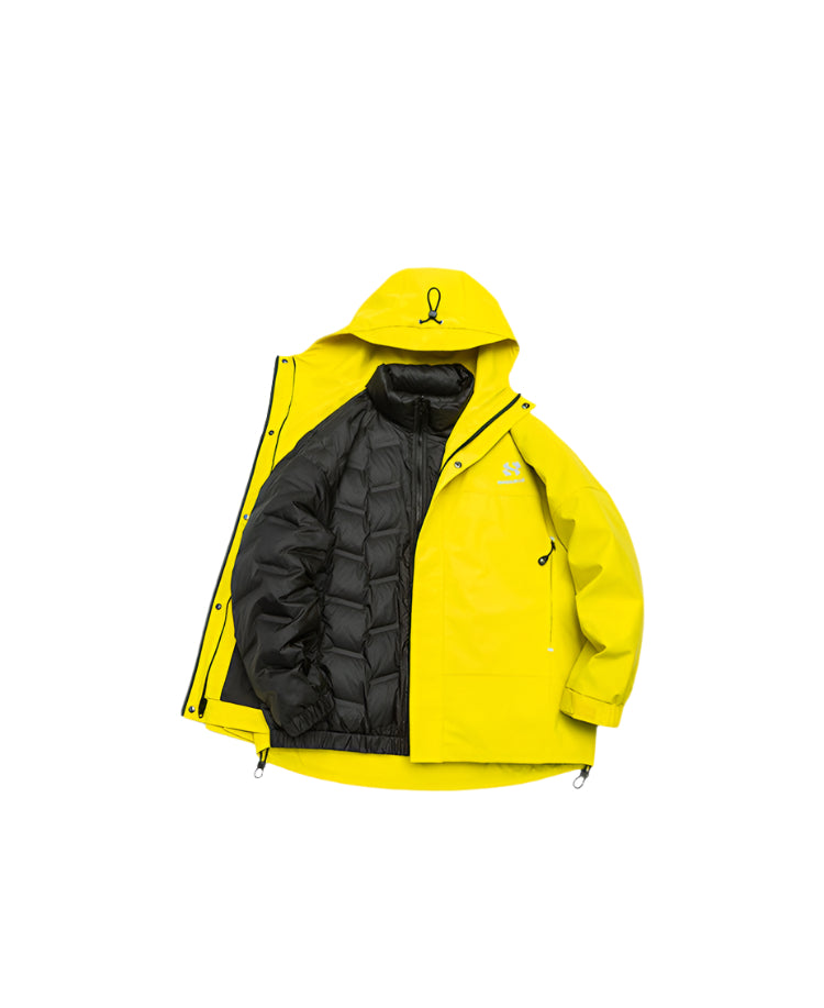 Product shot of yellow jacket showing inner black lining and technical construction details