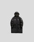 Product view of black NEIGHBORHOOD parka with hood up displayed flat against light gray background showing front design