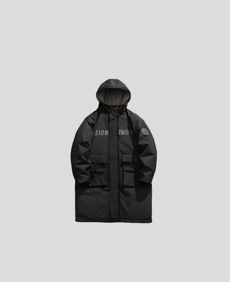 Product view of black NEIGHBORHOOD parka with hood up displayed flat against light gray background showing front design