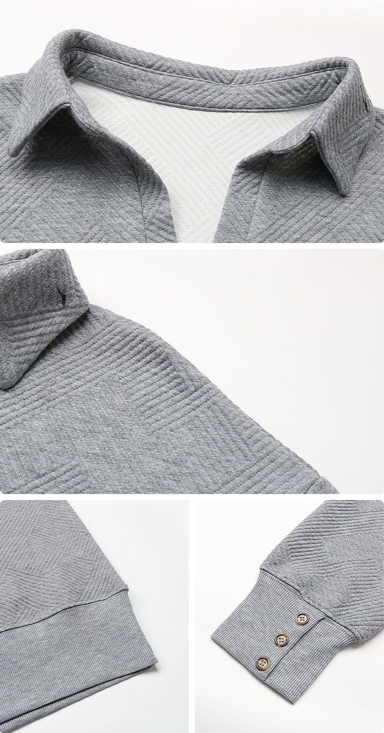 Detail view of gray pullover collar construction showing textured exterior and smooth interior lining against white background