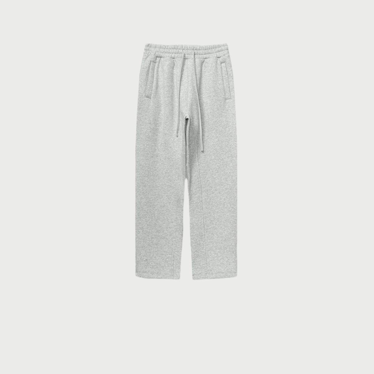 Light heather gray sweatpants with elastic waistband and side pockets against white background