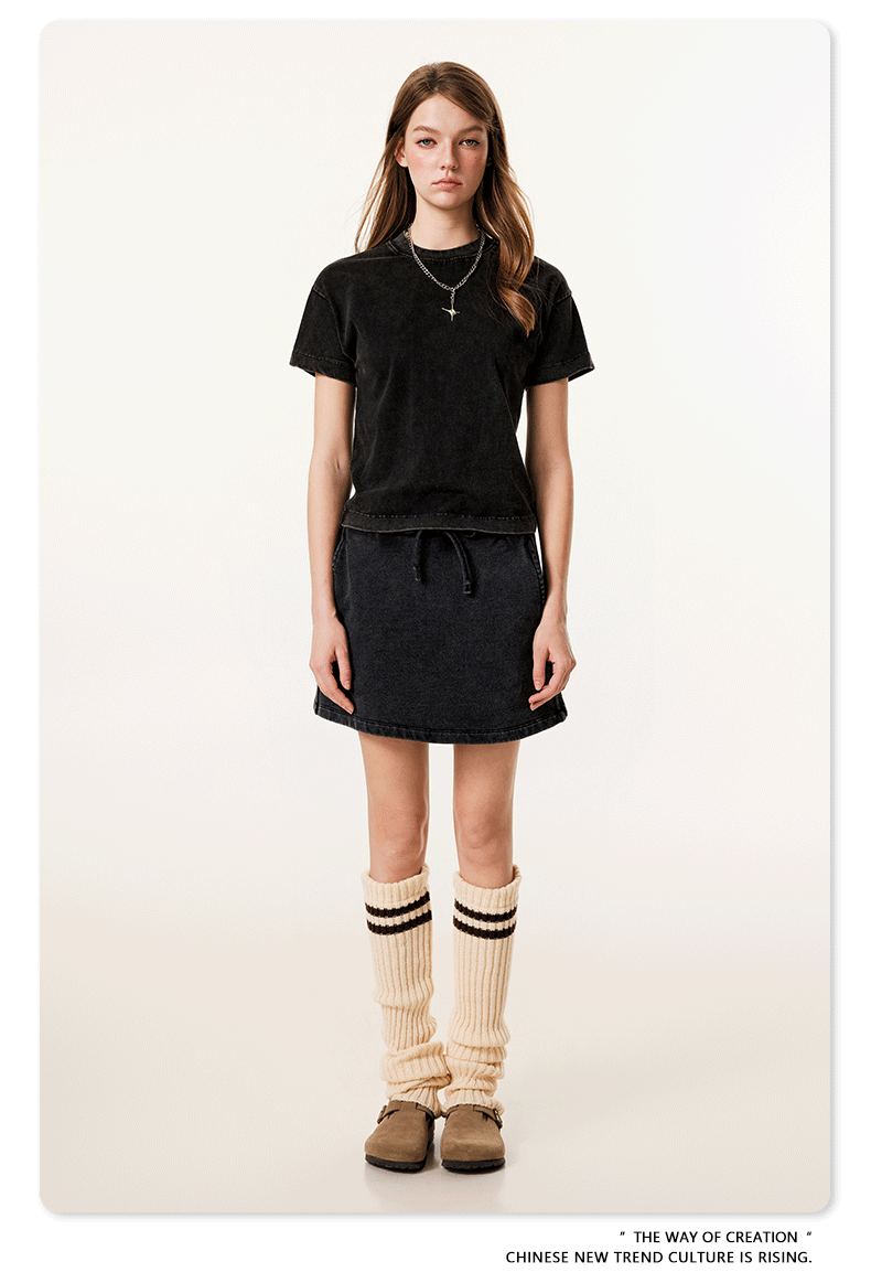 Black washed cotton t-shirt and mini skirt set, drawstring waist detail
