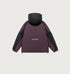 Back view product shot of plum and black All Drifting jacket showing hood construction and reflective strip against light background