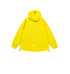 Flat lay of yellow technical jacket with drawstring hood and brand logo detail