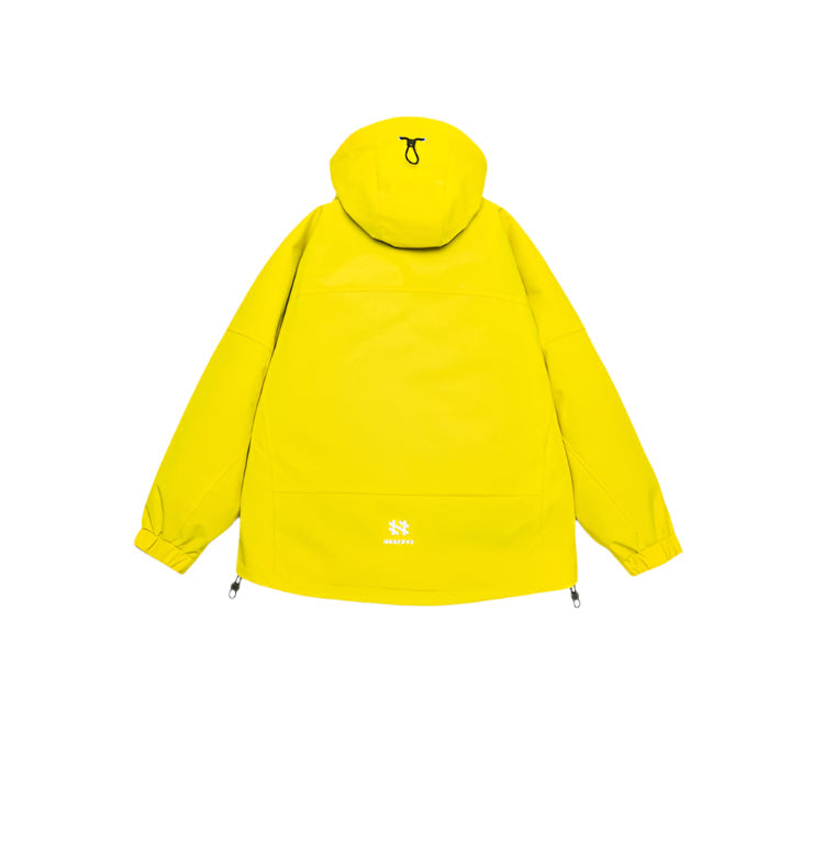 Flat lay of yellow technical jacket with drawstring hood and brand logo detail