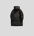 Product view of black NEIGHBORHOOD parka shown from back against light gray background highlighting hood construction