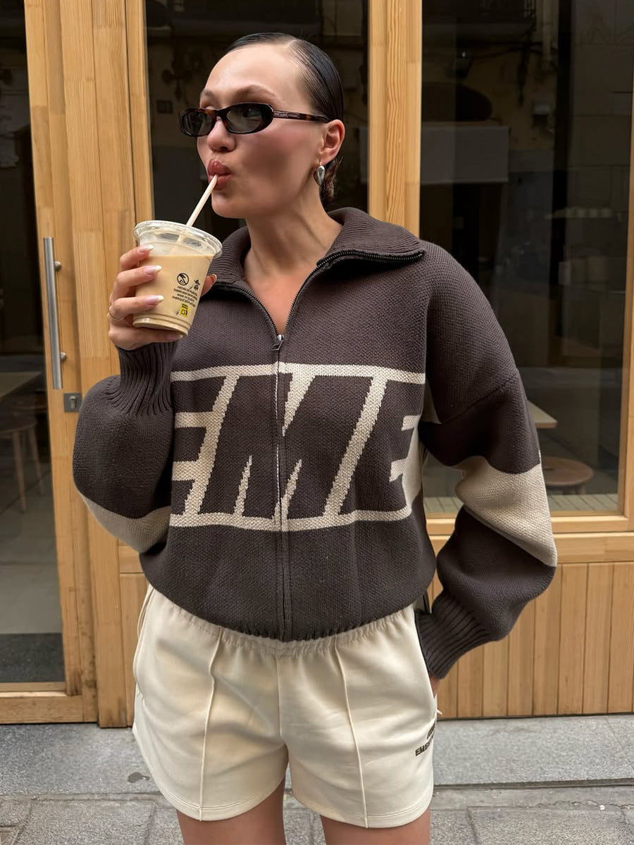 Retro Jacquard Letter Zip Up Sweater – Sporty Colorblock Knit Cardigan