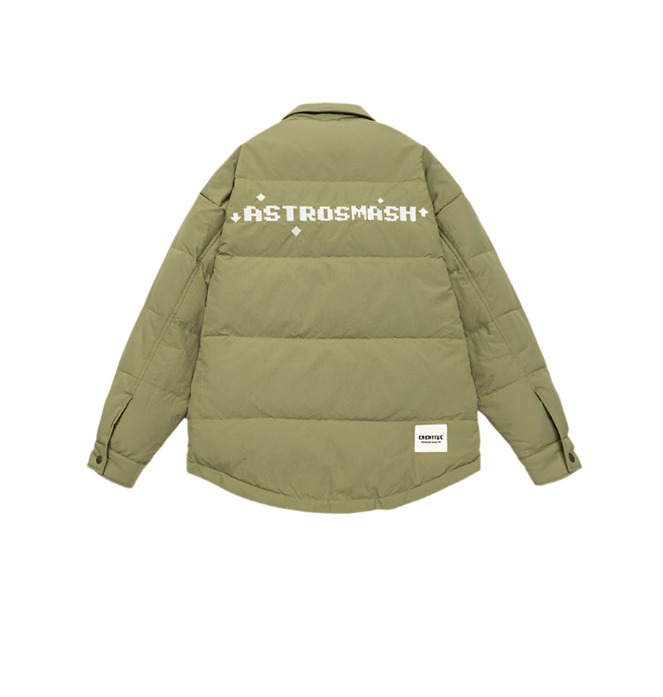 Back view of olive ASTROSMASH puffer jacket showing white pixel-style logo text and CREATIVE label at bottom