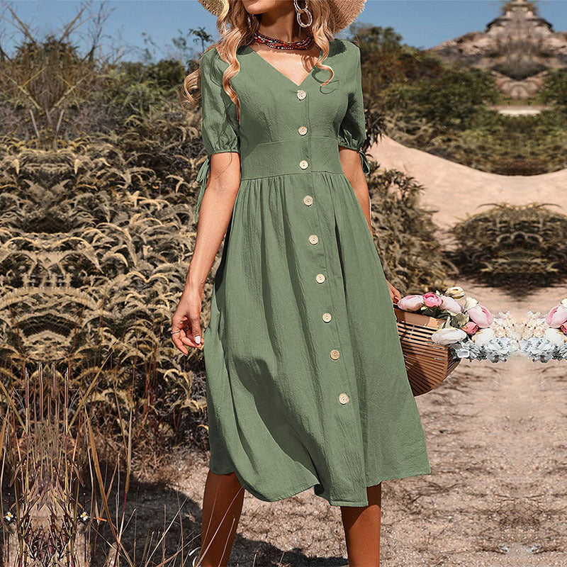 Women's Summer V-Neck Midi Dress Elegant Solid Color Casual Button-Down Dress ZINNTRA Women's Summer V-Neck Midi Dress Elegant Solid Color Casual Button-Down Dress ZINNTRA