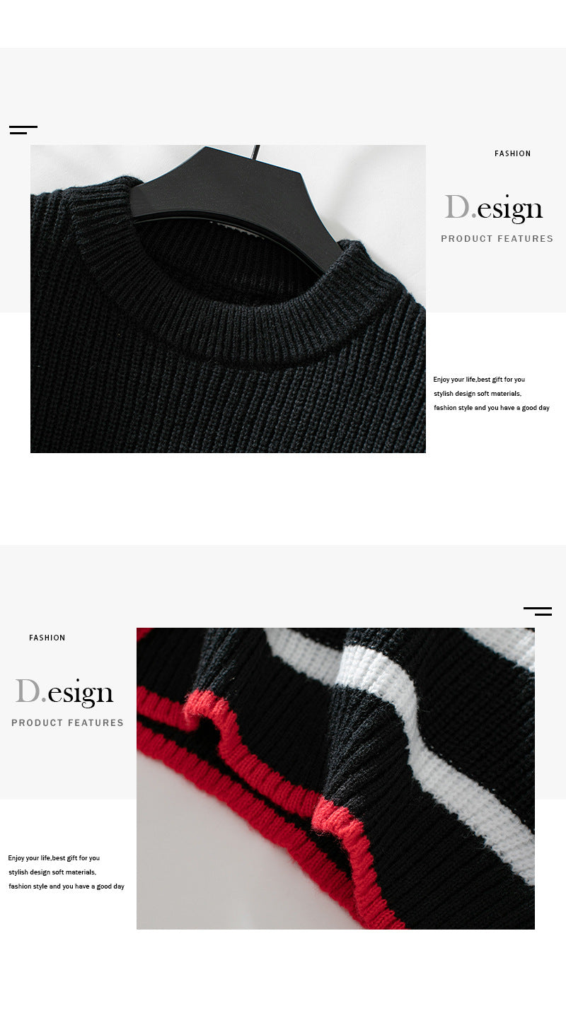 Product detail shots of black knit sweater showing crew neckline ribbing and red trim detail for fashion product photography