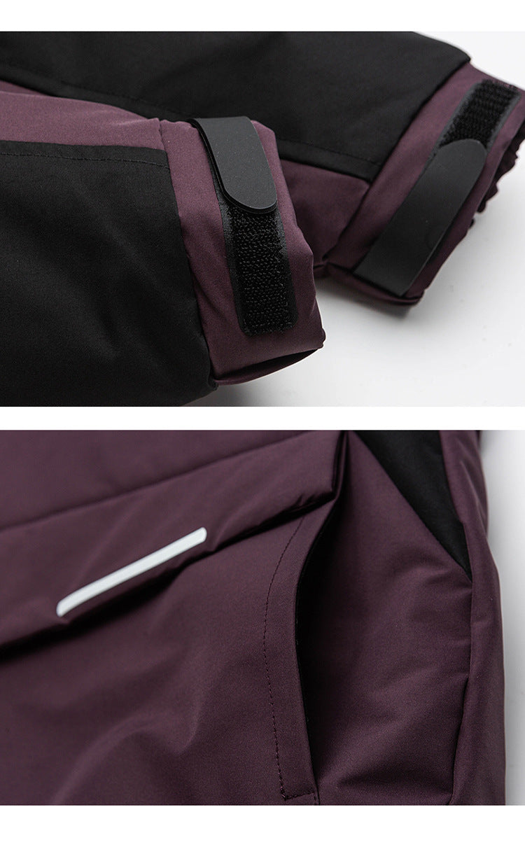 Close-up detail shots of All Drifting jacket showing velcro cuff adjusters and reflective pocket trim in plum and black colorway
